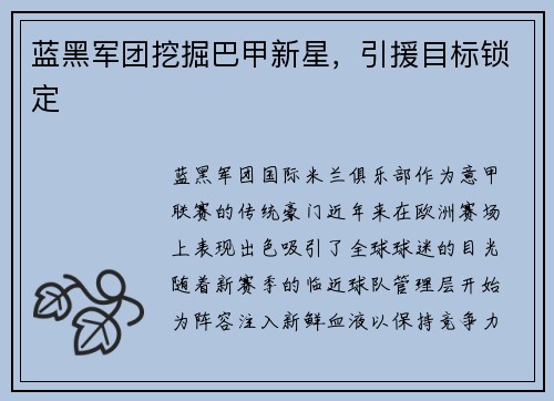 蓝黑军团挖掘巴甲新星，引援目标锁定