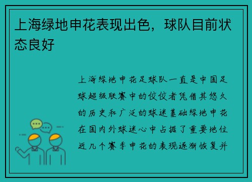 上海绿地申花表现出色，球队目前状态良好