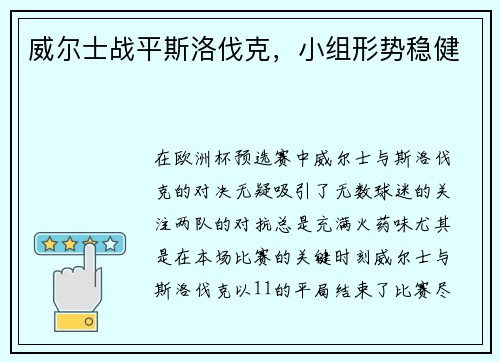 威尔士战平斯洛伐克，小组形势稳健