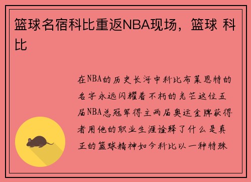 篮球名宿科比重返NBA现场，篮球 科比