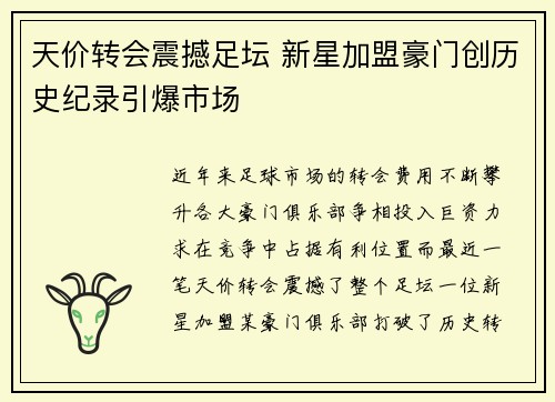 天价转会震撼足坛 新星加盟豪门创历史纪录引爆市场