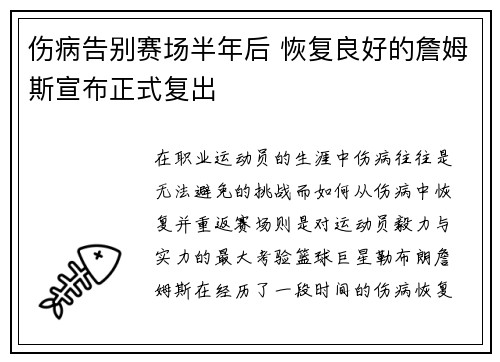 伤病告别赛场半年后 恢复良好的詹姆斯宣布正式复出