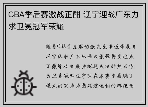 CBA季后赛激战正酣 辽宁迎战广东力求卫冕冠军荣耀