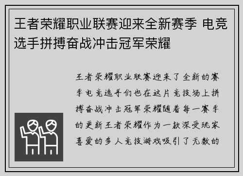 王者荣耀职业联赛迎来全新赛季 电竞选手拼搏奋战冲击冠军荣耀