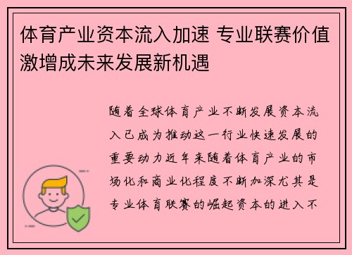 体育产业资本流入加速 专业联赛价值激增成未来发展新机遇